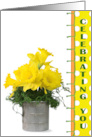 birthday daffodil bouquet in tin measuring cup with polka dot border card