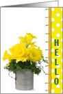 hello-, yellow daffodils in retro measuring cup card