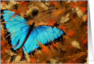 hello, iridescent blue butterfly on abstract background card