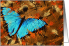 hello, iridescent blue butterfly on abstract background card