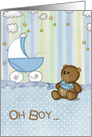 Baby Boy teddy bear with buggy and stars card