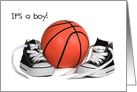 new baby boy congratulations, sneakers and basketball on white card
