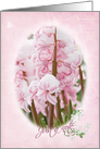 just a note. pink hyacinth in snow with oval framing card