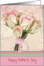 Mother’s Day-pink rose bouquet tied with ruffled ribbon card