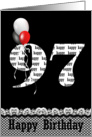 97th birthday-red, white and black balloon bouquet on black card