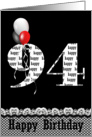 94th birthday-red, white and black balloon bouquet on black card
