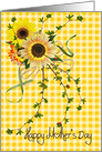 Mother’s Day sunflower bouquet with lady bugs on yellow gingham card