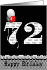 72nd birthday, red, white and black balloon bouquet on black card