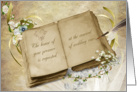 wedding vow renewal invitation with vintage book, quill and bouquet card