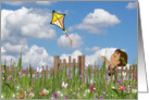 miss you-little girl flying a kite by a wooden fence with wildflowers card