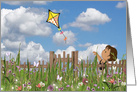 Thinking of you, little girl flying a kite with fence and wildflowers card