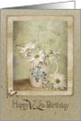 75th birthday-daisy and Queen Anne’s Lace bouquet in old pitcher card
