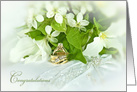 trillium wedding bouquet with gold rings on satin pillow card