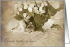 Wedding Congratulations-trillium bridal bouquet with rings in sepia card