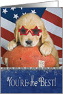 Golden Retriever pup with star sunglasses on football for son card