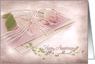 Anniversary for wife, pink tulip on stack of greeting cards