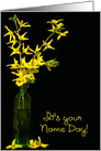 Name Day yellow forsythia bouquet in green vase with lady bugs card