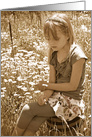 thinking of you for friend, girl holding a daisy in meadow card