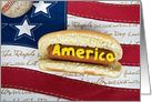 Memorial Day hot dog and baseball on patriotic flag card