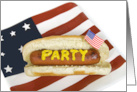 birthday party invitation, hot dog on a bun with American flag card