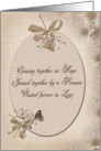 Wedding frame with daisy bouquet and butterfly in sepia tones card