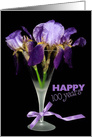 100th birthday iris bouquet in stemware with purple ribbon card