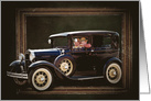 vintage car with old couple in photo frame for general hello card