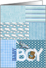 baby boy congratulations teddy bear and airplane on patchwork pattern card