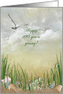 100th Birthday, seagull and seashells in seaweed and sand card