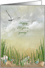 70th Birthday seagull with seashells in sand and seaweed card
