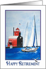 Retirement watercolor red lighthouse and sailboat in harbor card