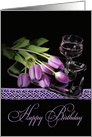 Birthday glass of wine and purple tulips on silver tray card