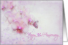 33rd Anniversary, orchids and butterfly with bubbles in texture card