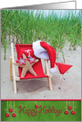 Happy Holidays starfish with sunglasses on the beach with cocktail card