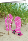 white polka dot on pink flip flops and star sunglasses in sand card