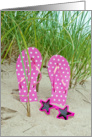 pink polka dot flip-flops with star sunglasses in sand card