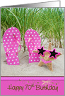 70th birthday starfish in sunglasses and flip flops in beach sand card