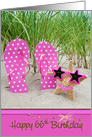 66th birthday, starfish with polka dot flip-flops in beach sand card