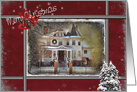 Christmas Victorian house with red and silver snowflake border card