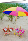 Birthday-starfish in bikinis with star sunglasses under umbrella card