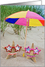 Mom’s Birthday, starfish with star sunglasses in beach sand card