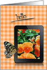 Hello, butterfly on electronic tablet with orange pansy flowers card
