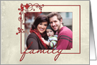 Christmas family photo card with red frame on textured background card