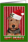 Happy Holidays, Welsh terrier with Santa hat and holly card