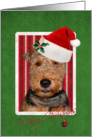 Merry Christmas, Welsh Terrier in Santa hat with red striped background card