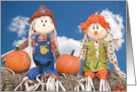 Cute Thanksgiving Scarecrow Couple on Hay Bales card