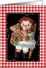 birthday for sister, old rag doll with teddy bear in chair card