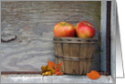 apple, autumn, bushel basket, leaf card