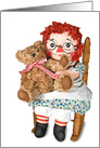 old rag doll with teddy bear in rocking chair card