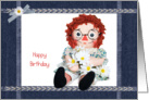 Birthday-old rag doll with daisy bouquet in blue jean frame card